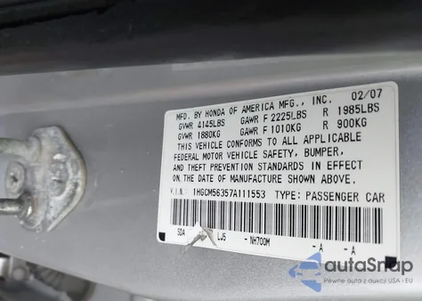 2007 Honda Accord 2.4 Se from USA, damaged, VIN 1HGCM56357A111553